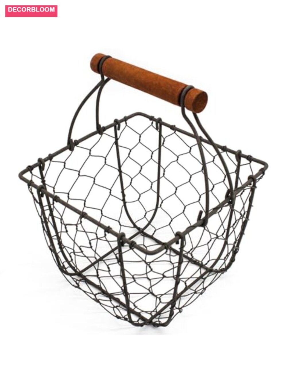 Chicken Wire Egg Basket Square Wire Wooden Handle Rustic Primitive Storage